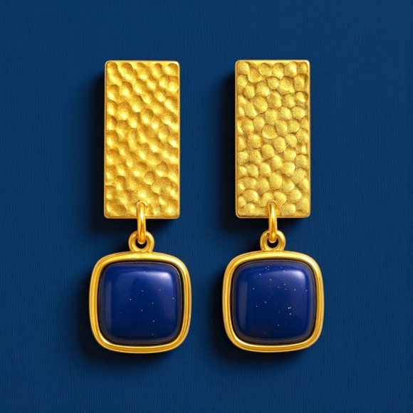 ποΈGold Plated Hammered Geometric Earrings with Lapis Lazuli Genuine Stone β¨ - Picture 11 of 11